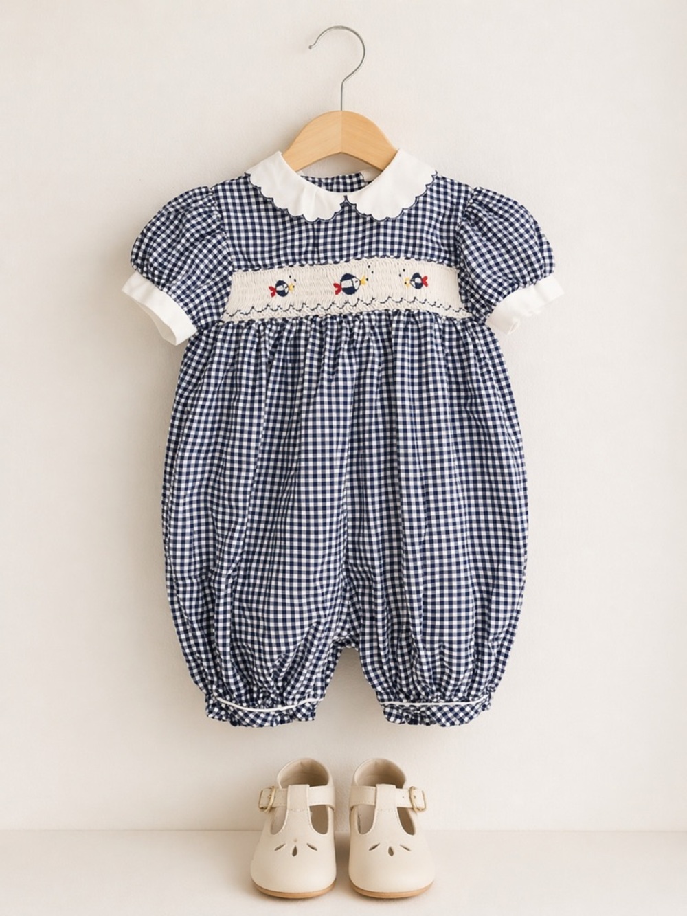 Vintage Jelly n Jam Navy Gingham Smocked Baby Romper with White Peter Pan Collar